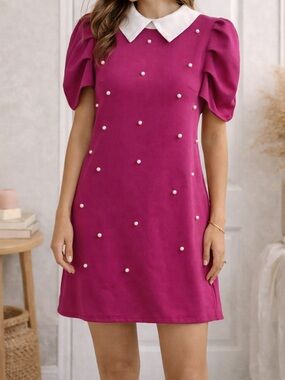 Shein Pink Pearl Mini Dress Peter Pan Collar Puff Sleeve Size M (Runs Small)
